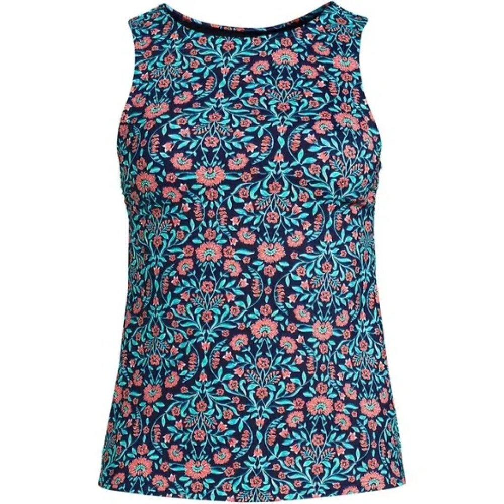 Lands' End Women's 4, 2-4 LONG Chlorine Resistant High Neck Tankini Top Deep Sea